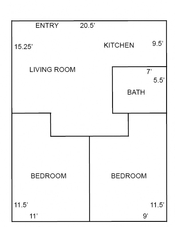 Floor plan for 2 beds, 1 bath, 615 sqft